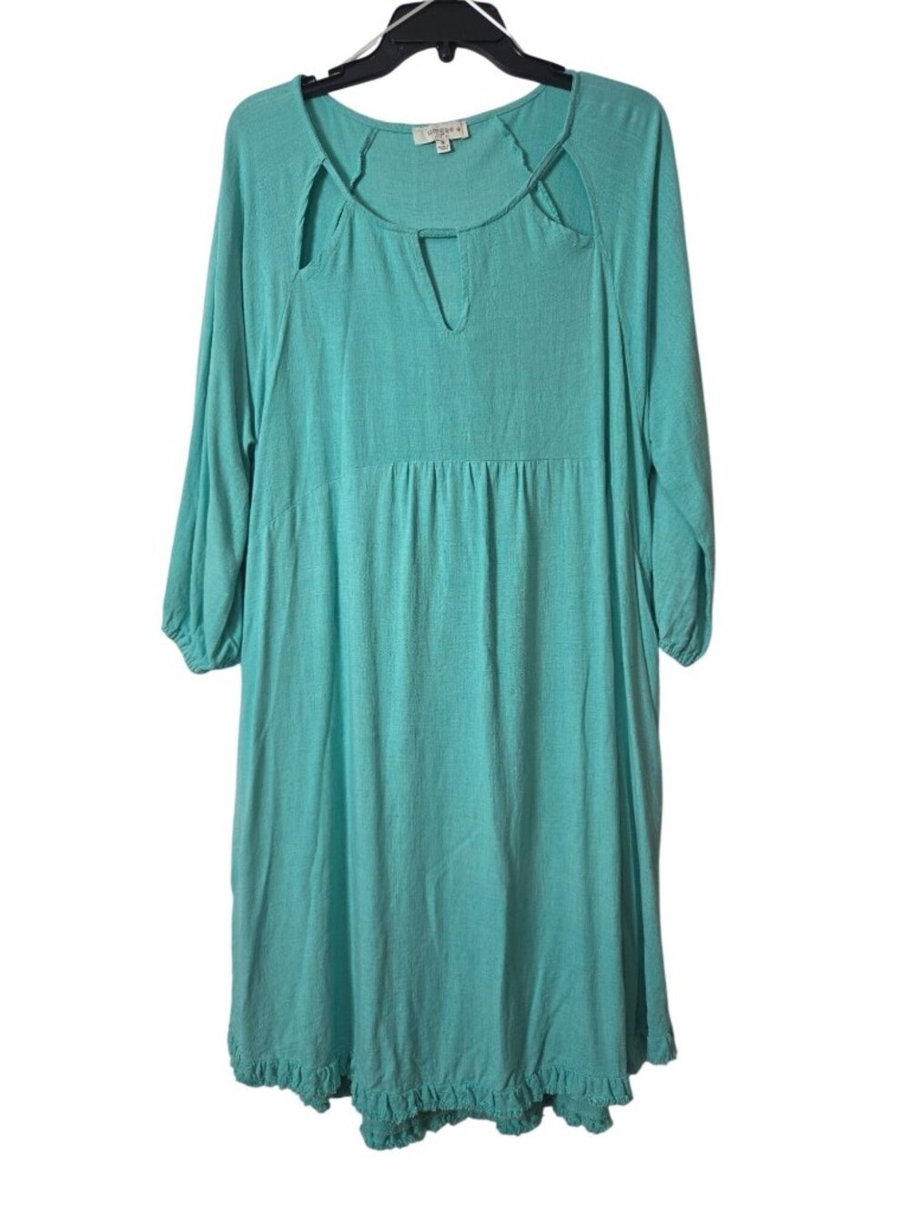 Umgee+ Turquoise Linen-Cotton Midi Dress 3/4 Sleeves Keyhole Neckline Ruffled He - Picture 2 of 12
